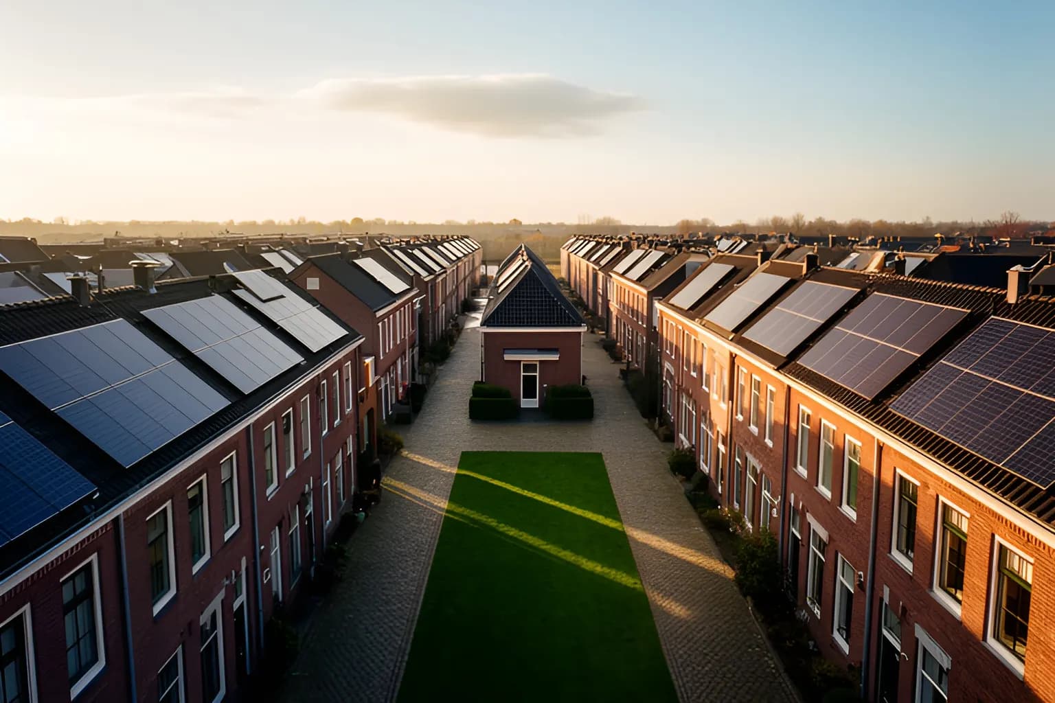 Rijen bakstenen woningen met zonnepanelen op de daken in het licht van de late middag
