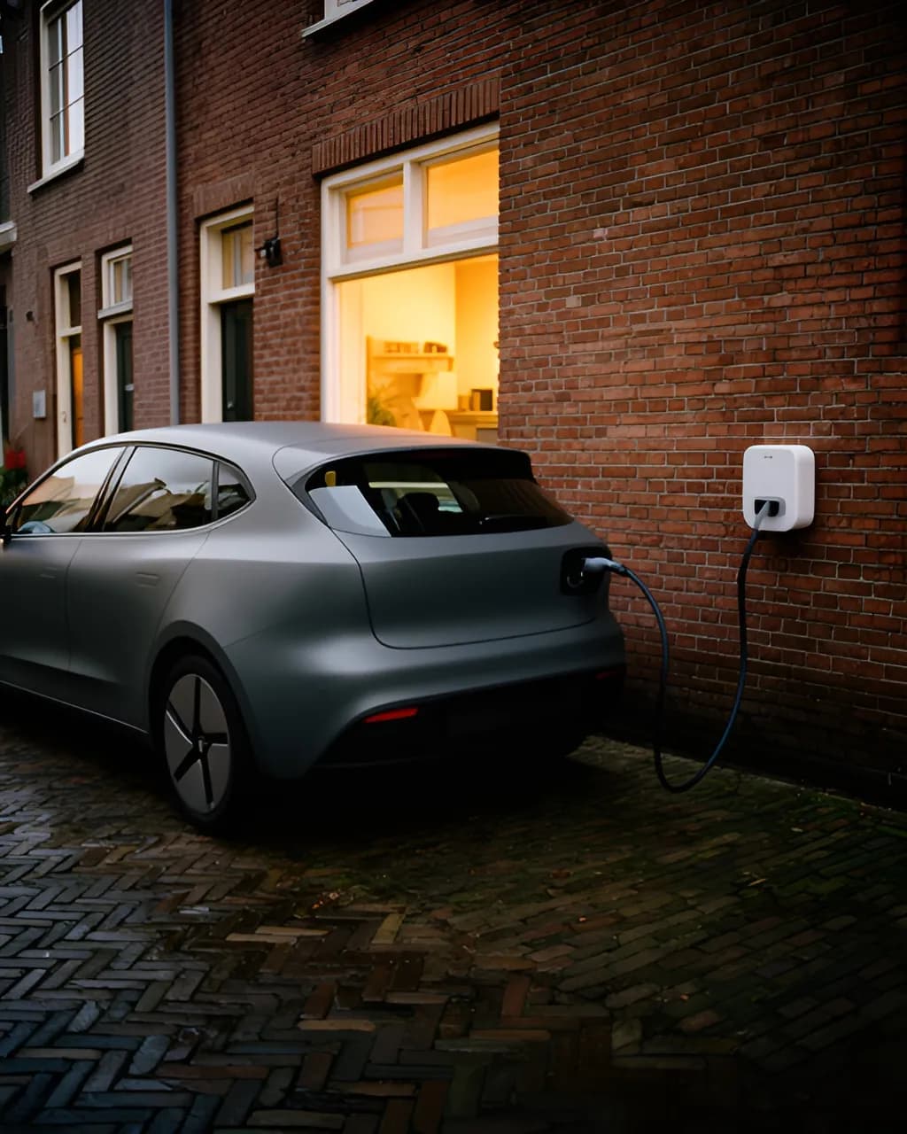 Een grijze elektrische auto aan een wallbox naast een bakstenen woning in de avondschemering