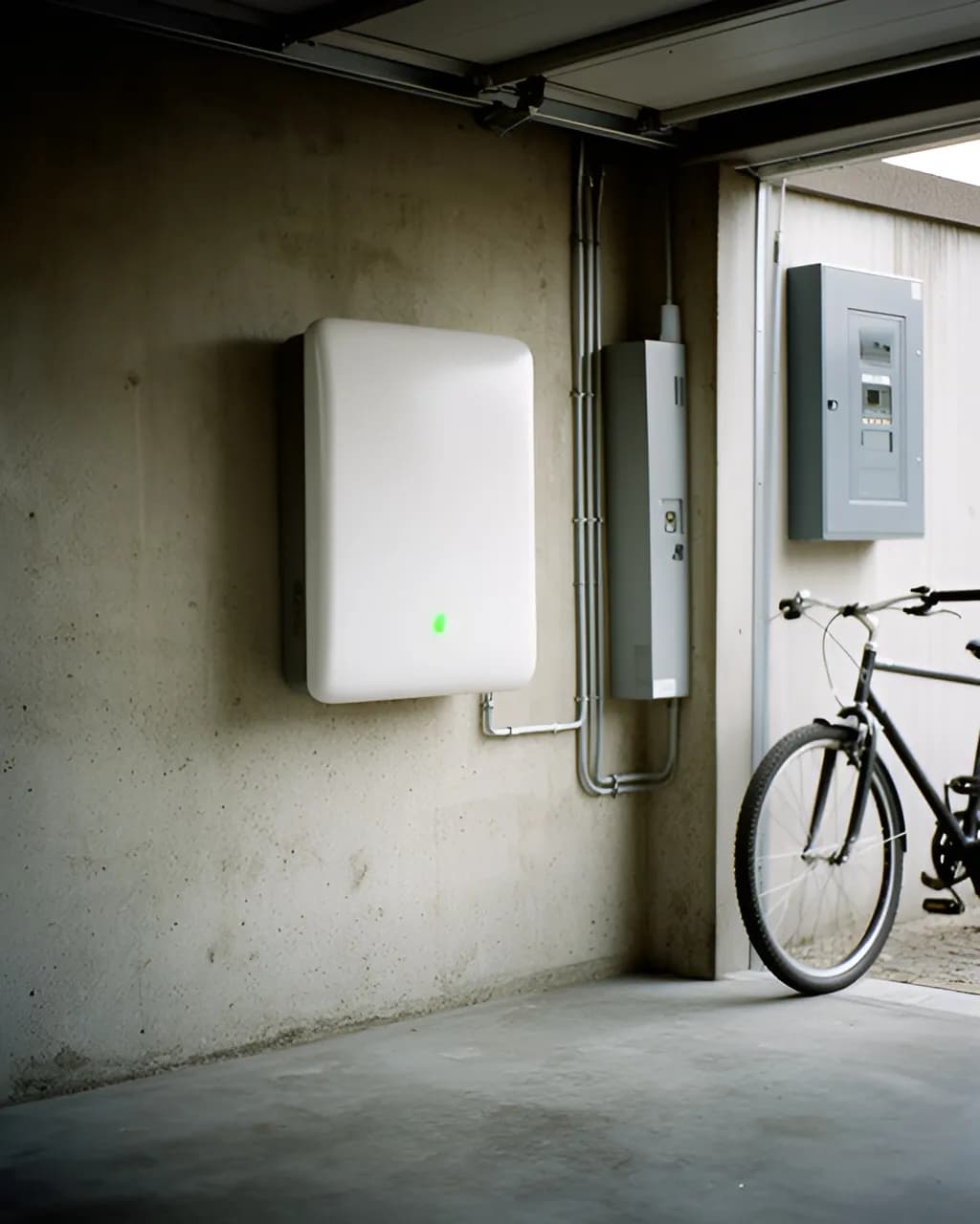 Een witte thuisbatterij aan de betonnen muur van een garage naast een groepenkast