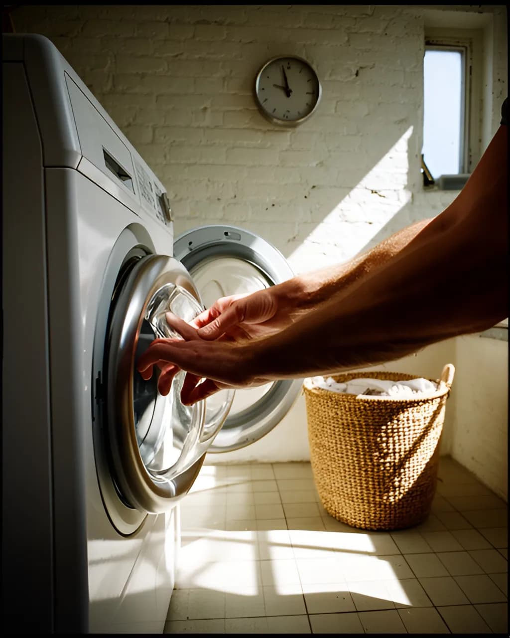 Een hand laadt een wasmachine in een bijkeuken waar de middagzon op de vloer valt
