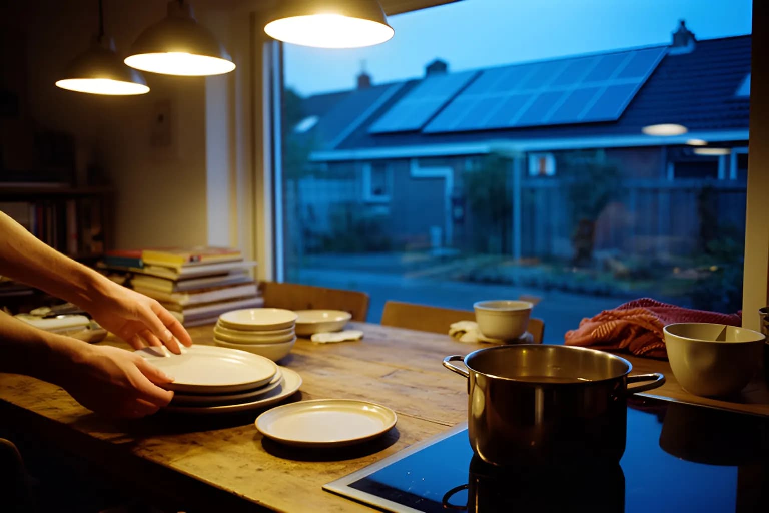 Een keuken in de avond met warme lampen, handen die borden neerzetten en zonnepanelen op een dak buiten