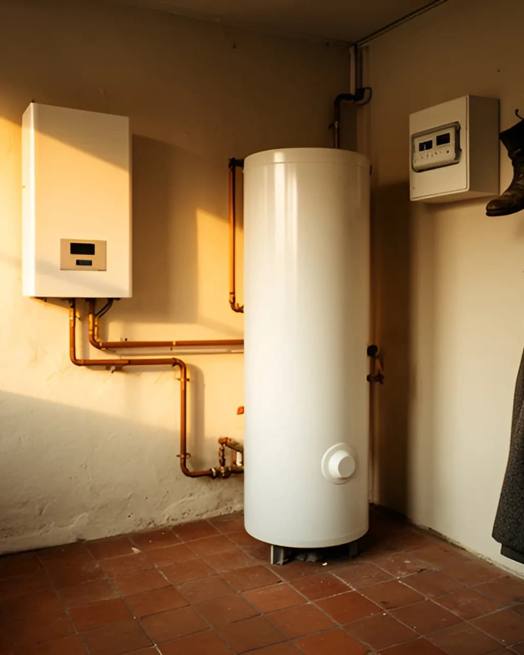 Een wit boilervat met koperen leidingen in een bijkeuken, met warm licht door een zijraam